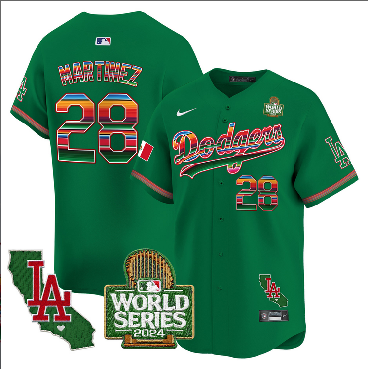 Men MLB Mexico Los Angeles Dodgers #28 Martinez green  2024 World Series Champions Patch Jersey 2024110